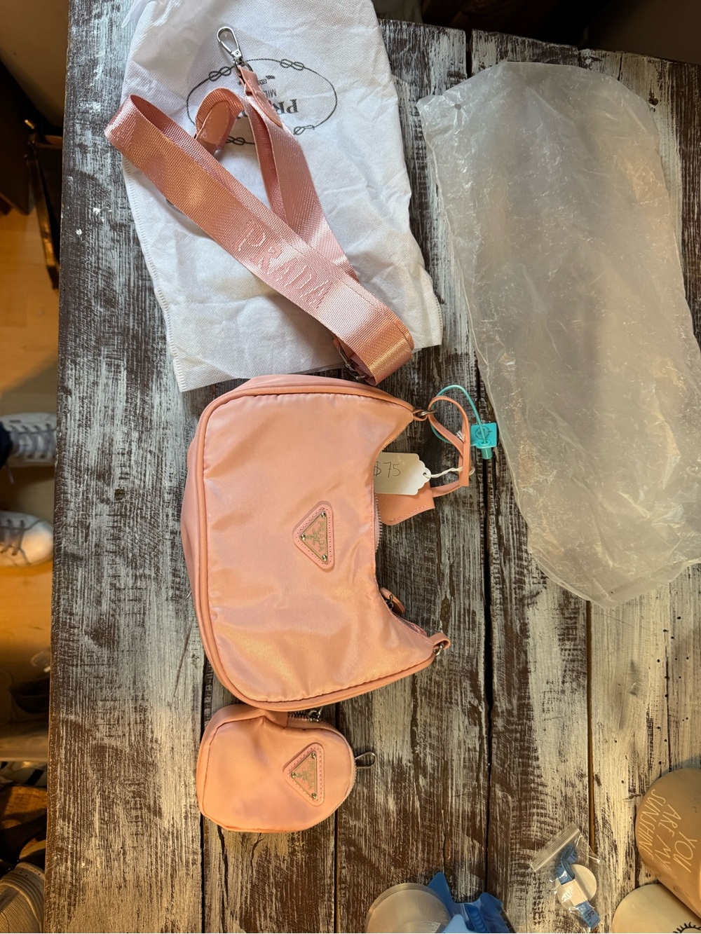 Pink Nylon Crossbody Bag with Detachable Strap and Mini Pouch